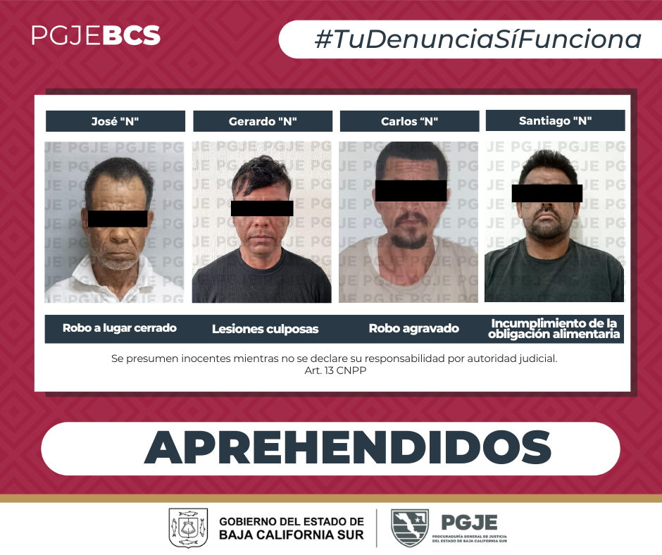Detienen a cuatro sujetos en BCS por robo, lesiones y otros delitos