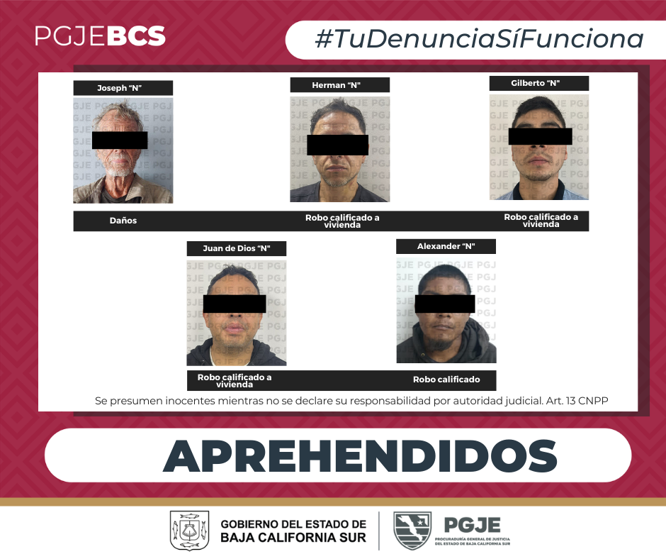 Capturan a cinco personas en Loreto y Los Cabos por delitos de robo y daños