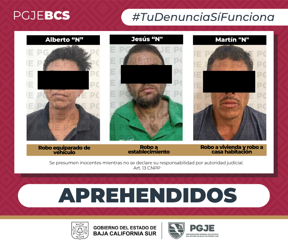 Aprehenden a tres hombres por robo y delitos patrimoniales en BCS