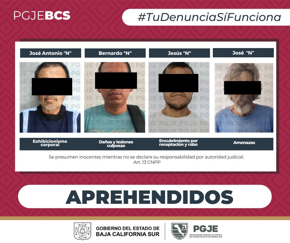 Captura PGJE a cuatro hombres por diversos delitos en BCS