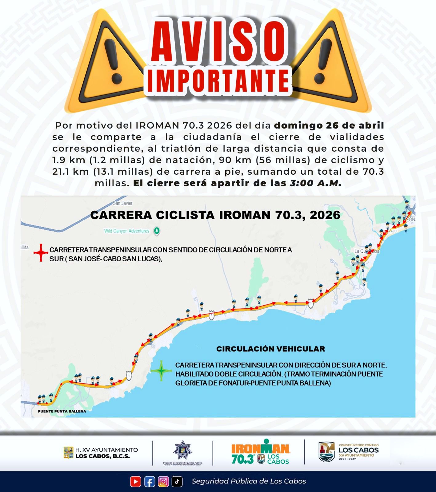 Anuncian cierres viales por Ironman 70.3 el domingo 26 de abril en Los Cabos
